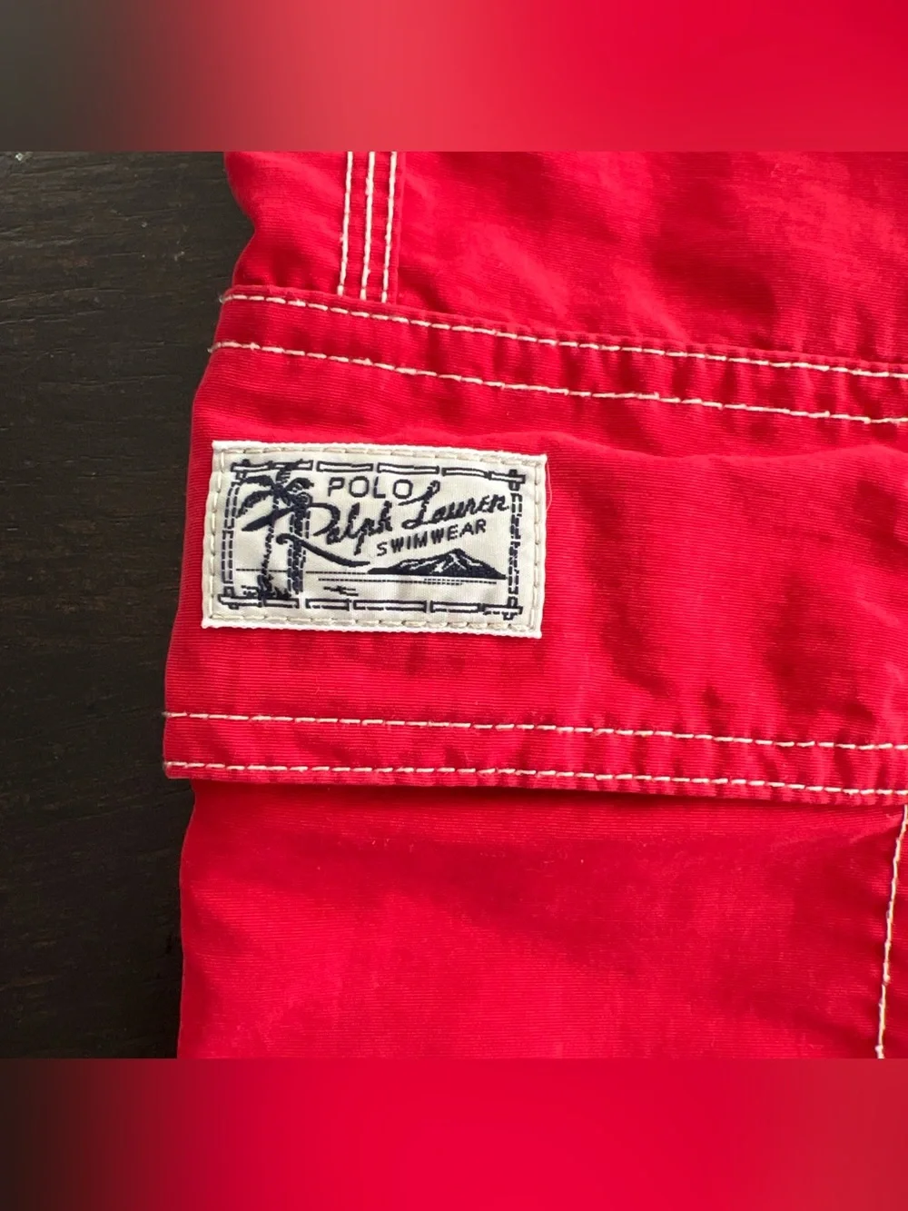 VTG Polo Ralph Lauren Red Cargo Swim Trunk Board Shorts White Stitching Mens 2XB